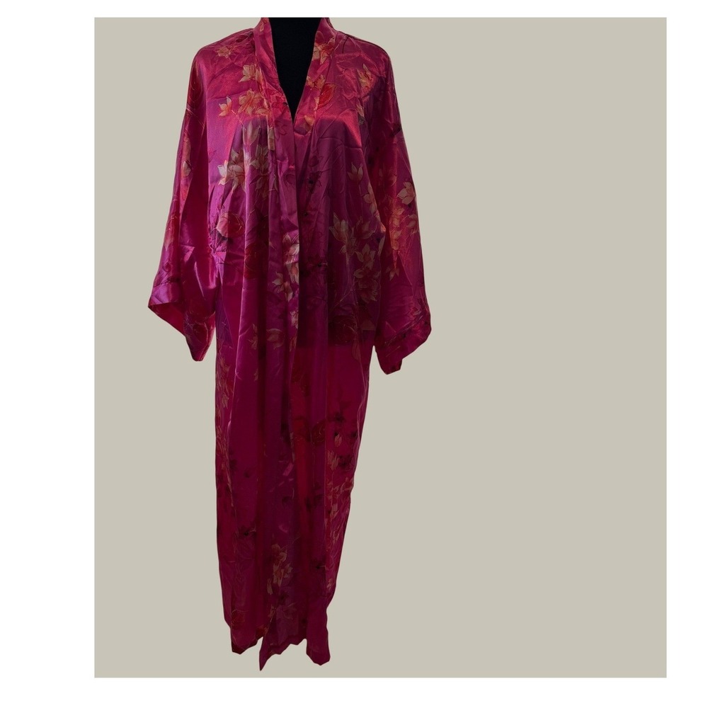Vintage 90s California Dynasty Hot Pink Floral Satin Long Kimono Robe XL